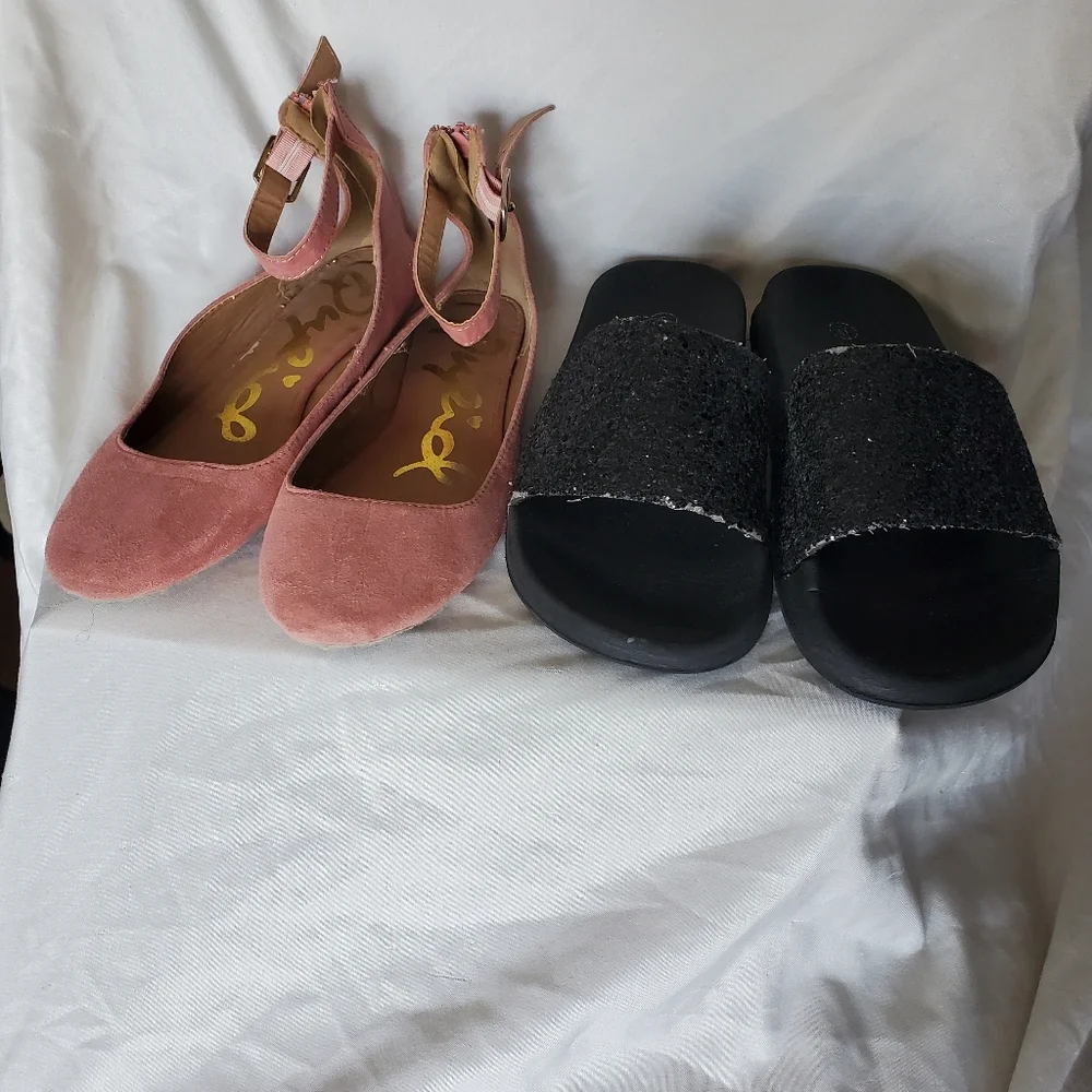 Qupid Girls Shoes Pink Babydoll Ballet Flats Just Be Black Slides Sandals Size 6